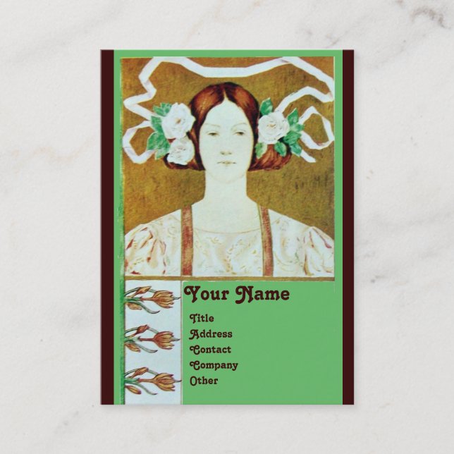 FLORA/LADY WITH WHITE ROSES MONOGRAM BUSINESS CARD (Front)
