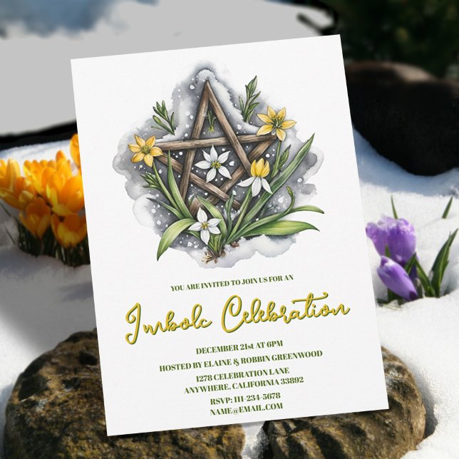 Flora Pentacle Snow & Yellow Flowers Imbolc Party Invitation (Flora Pentacle Snow & Yellow Flowers Imbolc Party Invitation)