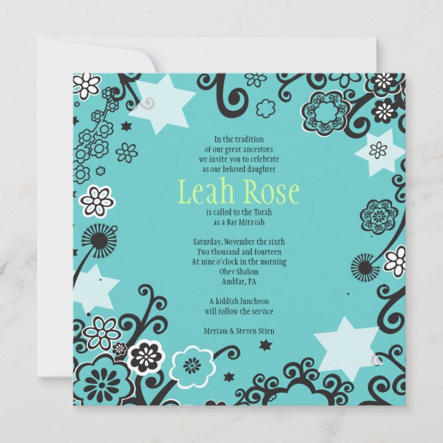 Flora Star Aqua Bat Mitzvah Invitation Invite (Front)