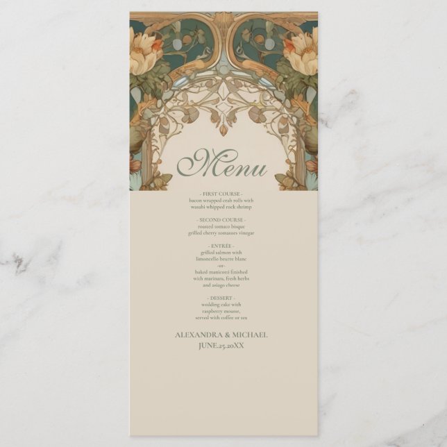 Flora Vintage Art Nouveau Wedding  Menu (Front)