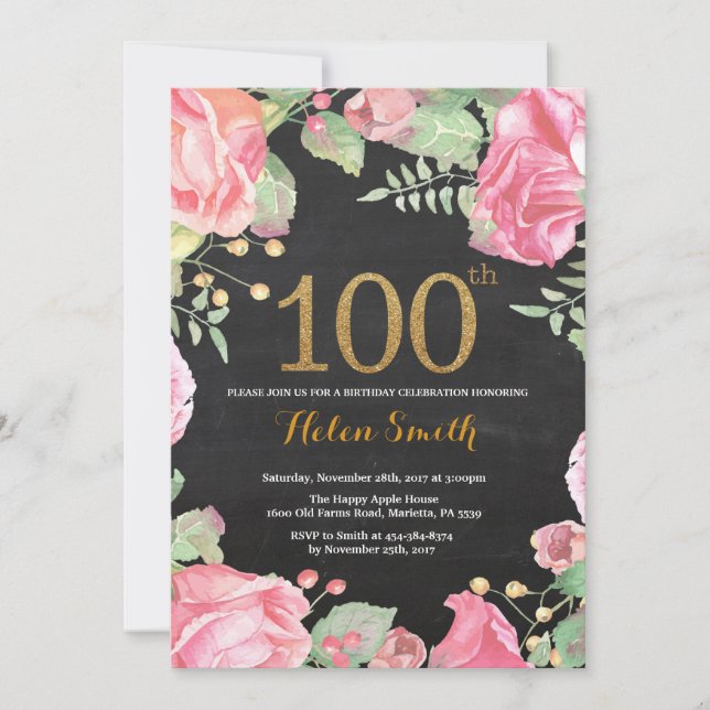 Floral 100e anniversaire Invitation Parties scinti (Devant)