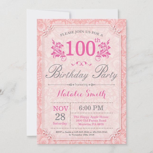 Floral 100e anniversaire Invitation rose pour les  (Devant)