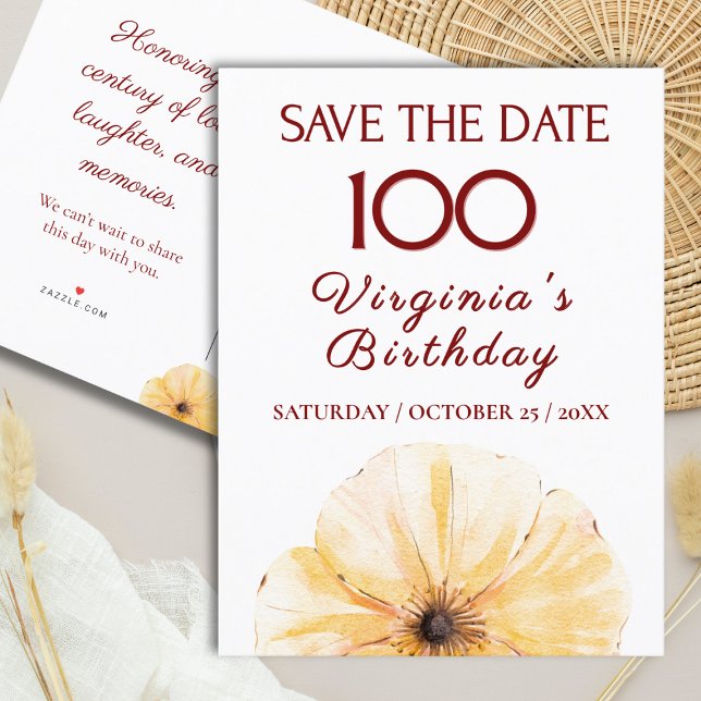 Floral 100th Birthday, Elegant Yellow Bloom Design Announcement Postcard (Creator Uploaded)