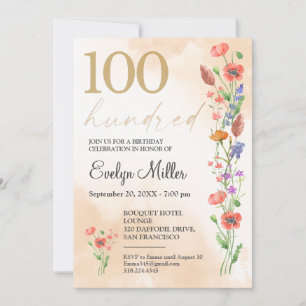Floral 100th Birthday – Golden Wildflowers Design Invitation