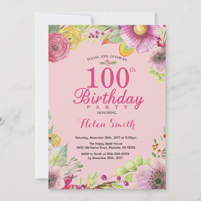Floral 100th Birthday Invitation for Women Pink (Front)