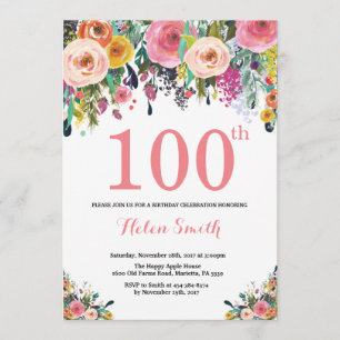 Floral 100th Birthday Invitation Pink