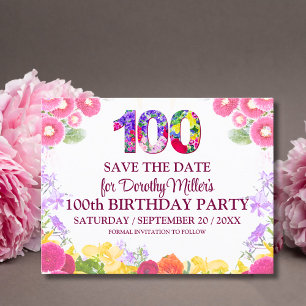 Floral 100th Birthday Save The Date, Elegant 100 Postcard