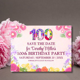 Floral 100th Birthday Save The Date, Pastel 100 Postcard