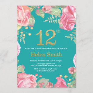 Floral 12th Birthday Gold Glitter and Teal Invitation