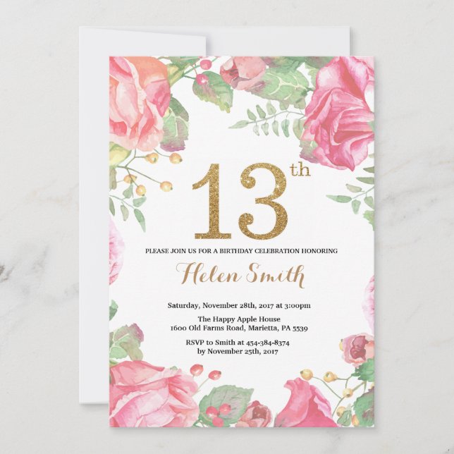 Floral 13e anniversaire Invitation Parties scintil (Devant)