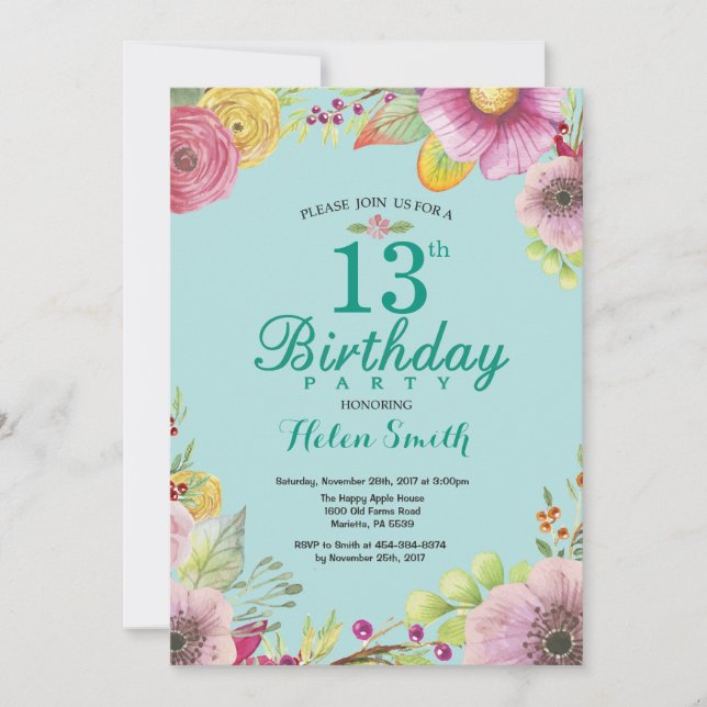 Floral 13e anniversaire Invitation pour les femmes (Devant)