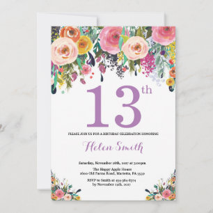 Floral 13e anniversaire Invitation violet