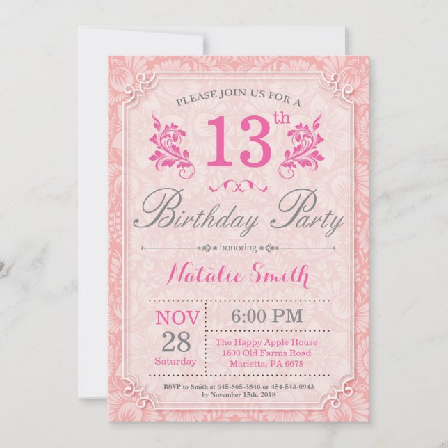 Floral 13ème anniversaire Invitation rose pour les (Devant)