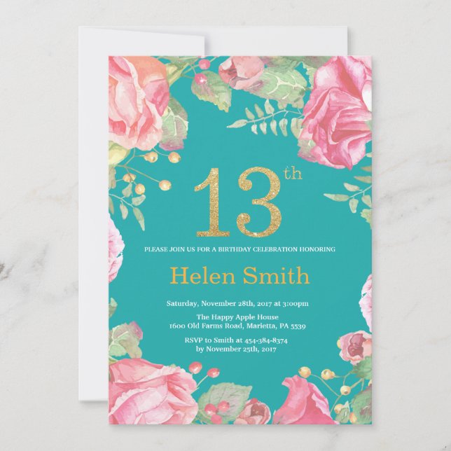 Floral 13th Birthday Gold Glitter and Teal Invitation (Front)