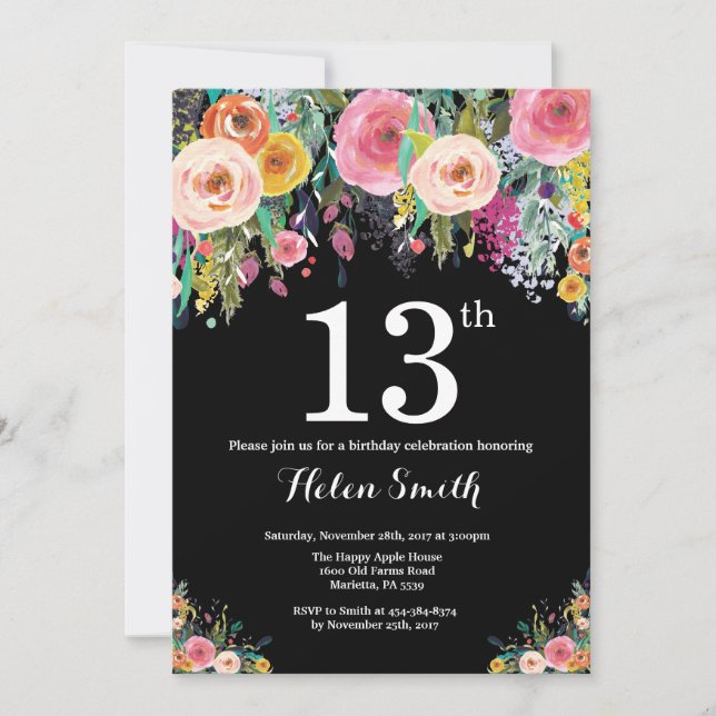 Floral 13th Birthday Invitation (Front)