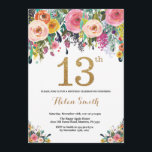 Floral 13th Birthday Invitation Gold Glitter<br><div class="desc">Floral 13th Birthday Invitation for Women. Watercolor Floral Flower. Gold Glitter. Pink,  Yellow,  Orange,  Purple Flower. Kids Birthday. Girl Lady Teen Teenage Bday. For further customization,  please click the "Customize it" button and use our design tool to modify this template.</div>