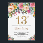 Floral 13th Birthday Invitation Gold Glitter<br><div class="desc">Floral 13th Birthday Invitation for Women. Watercolor Floral Flower. Gold Glitter. Pink,  Yellow,  Orange,  Purple Flower. Kids Birthday. Girl Lady Teen Teenage Bday. For further customization,  please click the "Customize it" button and use our design tool to modify this template.</div>