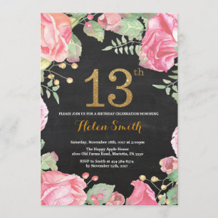 Floral 13th Birthday Invitation Gold Glitter