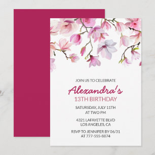 Floral 13th birthday invitation Watercolor Pink