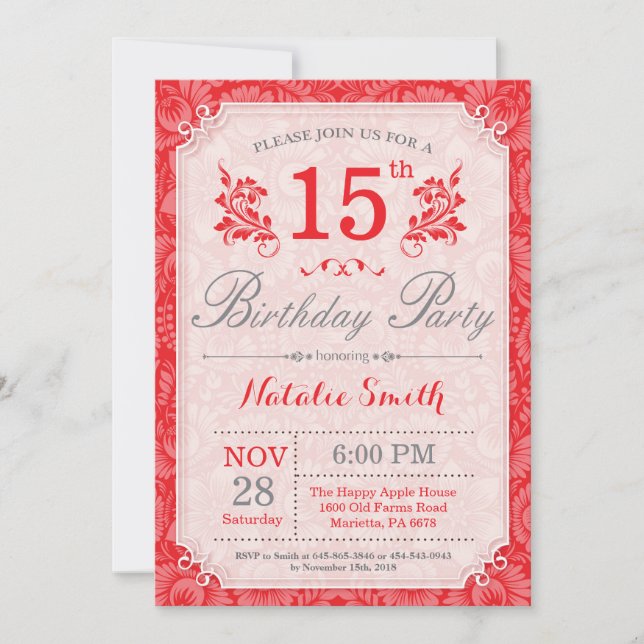 Floral 15e anniversaire Invitation Rouge pour les  (Devant)