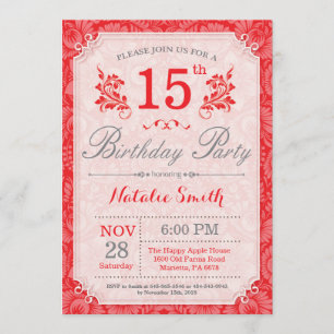Floral 15e anniversaire Invitation Rouge pour les 