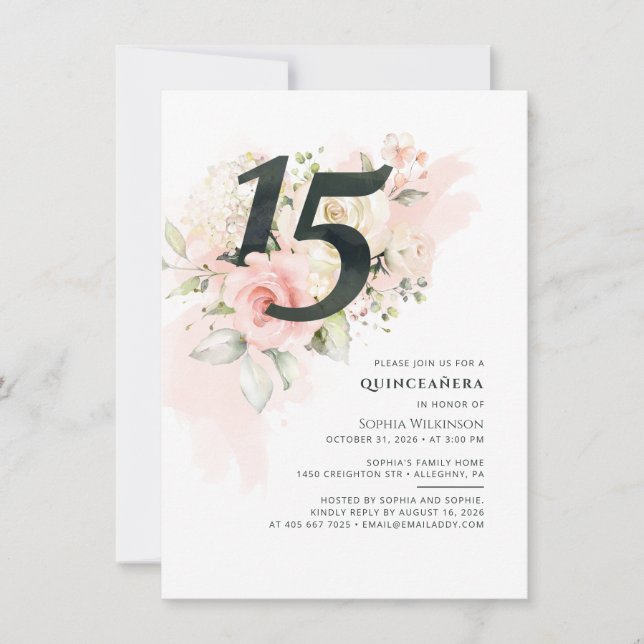 Floral 15th Birthday Greenery Pink Quinceanera Invitation (Front)