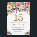 Floral 15th Birthday Invitation Gold Glitter<br><div class="desc">Floral 15th Birthday Invitation for Women. Watercolor Floral Flower. Gold Glitter. Pink,  Yellow,  Orange,  Purple Flower. Kids Birthday. Girl Lady Teen Teenage Bday. For further customization,  please click the "Customize it" button and use our design tool to modify this template.</div>
