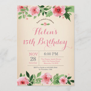 Floral 15th Birthday Invitation Pink Watercolor