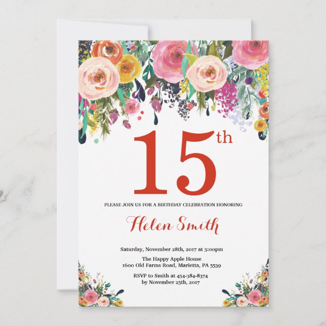 Floral 15th Birthday Invitation Red (Front)