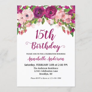 Floral 15th Birthday Purple Pink Chic Watercolor Invitation