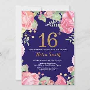 Floral 16th Birthday Gold Glitter Navy Blue Invitation