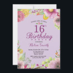 Floral 16th Birthday Invitation for Women Purple<br><div class="desc">Floral 16th Birthday Invitation for Girl. Watercolor Floral,  Purple Background. For further customization,  please click the "Customize it" button and use our design tool to modify this template.</div>