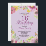 Floral 16th Birthday Invitation for Women Purple<br><div class="desc">Floral 16th Birthday Invitation for Girl. Watercolor Floral,  Purple Background. For further customization,  please click the "Customize it" button and use our design tool to modify this template.</div>