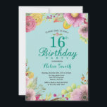 Floral 16th Birthday Invitation for Women Teal<br><div class="desc">Floral 16th Birthday Invitation for Girl. Watercolor Floral,  Teal Aqua Turquoise Background. For further customization,  please click the "Customize it" button and use our design tool to modify this template.</div>