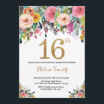 Floral 16th Birthday Invitation Gold Glitter<br><div class="desc">Floral 16th Birthday Invitation for Women. Watercolor Floral Flower. Gold Glitter. Pink,  Yellow,  Orange,  Purple Flower. Kids Birthday. Girl Lady Teen Teenage Bday. For further customization,  please click the "Customize it" button and use our design tool to modify this template.</div>