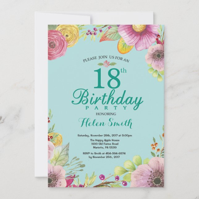 Floral 18e anniversaire Invitation pour femmes Tur (Devant)