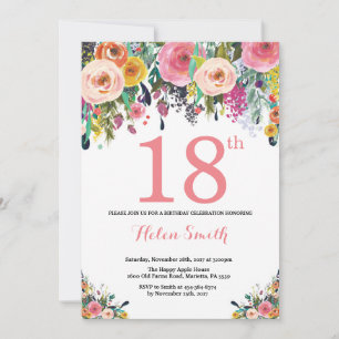Floral 18e anniversaire Invitation rose