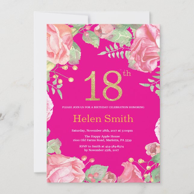 Floral 18th Birthday Gold Glitter and Hot Pink Invitation (Front)