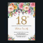 Floral 18th Birthday Invitation Gold Glitter<br><div class="desc">Floral 18th Birthday Invitation for Women. Watercolor Floral Flower. Gold Glitter. Pink,  Yellow,  Orange,  Purple Flower. Adult Birthday. For further customization,  please click the "Customize it" button and use our design tool to modify this template.</div>