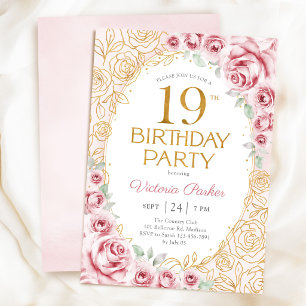 Floral 19th Birthday Blush Pink Gold Invitation
