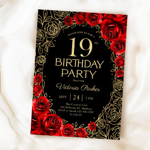 Floral 19th Birthday Red Black Gold Invitation