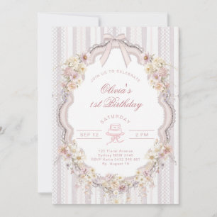 Floral 1st Birthday Bow Photo Invitation