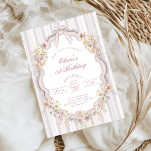 Floral 1st Birthday Bow Photo Invitation