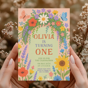 Floral 1st Birthday for girl with Flowers Invitation