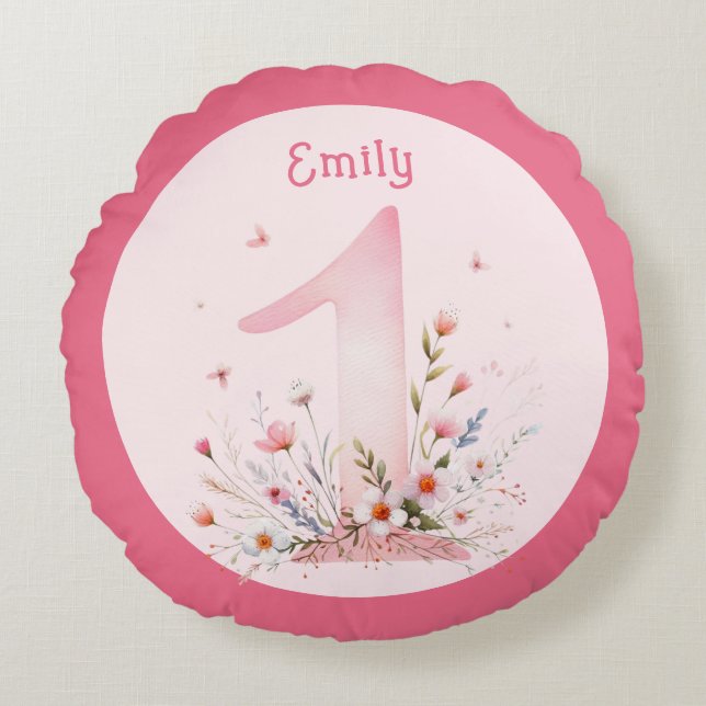 Floral 1st Birthday PHOTO Gift Daughter Girls Round Pillow (Front)