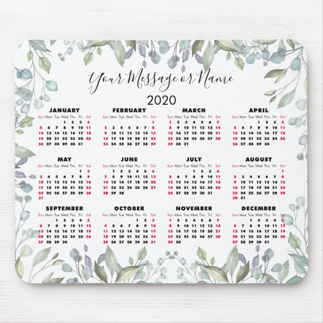 Floral 2020 Calendar Your Message or Name Mouse Pad (Front)