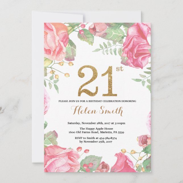Floral 21e anniversaire Invitation Parties scintil (Devant)