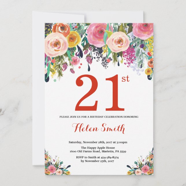Floral 21e anniversaire Invitation Rouge (Devant)