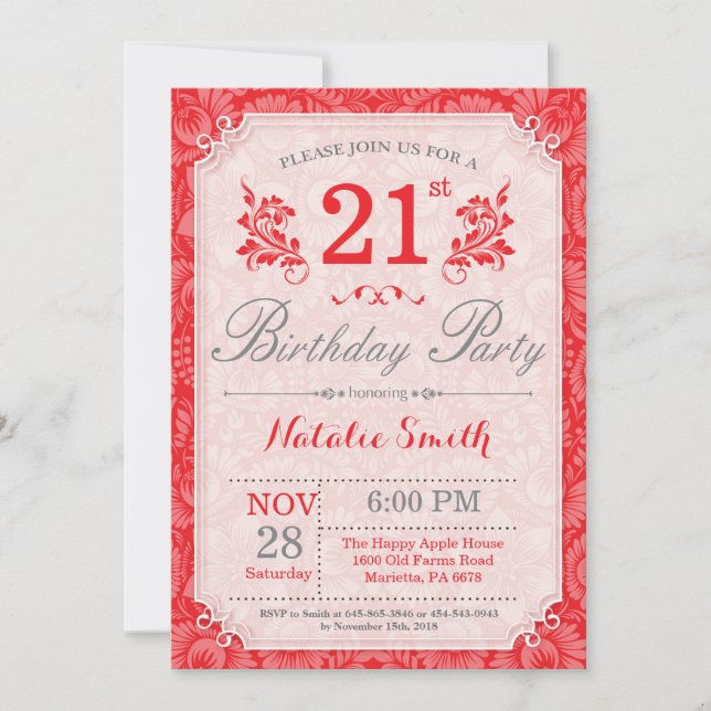 Floral 21ème anniversaire Invitation Rouge pour le (Devant)