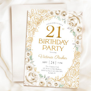 Floral 21st Birthday Cream Gold Invitation